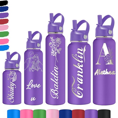 Akmxem Gourde Personnalisable pour Enfant - Gourde PersonnaliséE Bouteille D'Eau Avec Nom - Gourde Isotherme Personnalisable GravéE Avec Paille pour L'éCole Le Sport Le Bureau L'ExtéRieur
