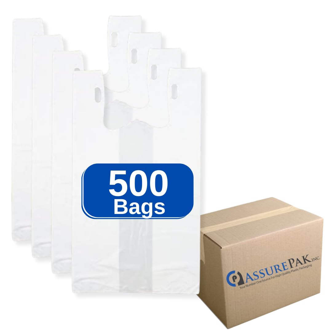 ASSUREPAK Easy Open - White Unprinted HDPE T-Shirt Bags 13"x10"x23" with handles – 500 Bags – 14 Microns - 1/5 BBL – Perfect for Supermarkets, Grocery