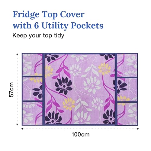 Image of Kuber Industries Cotton Fridge Top Cover | Washable & Anti-Dust Refrigerator Top Cover with 6 Utility Pockets for Kitchen | Flower Design - Purple