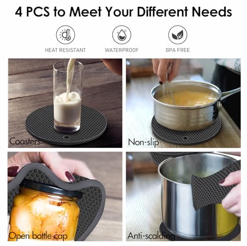 Image of Silicone Trivets for Hot Pots and Pans, 0.31 inch Thick Trivet Mat for Hot Dishes Set of 4, Heat Resistant Durable Flexible Silicone Mat Pot Mat for Countertop, Easy to Wash and Dry, Dark Gray