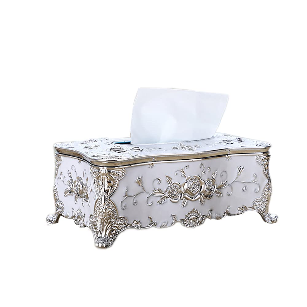 Tissue Cover Holder,Creative Embossed Roses and Rhinestones Rectangular Acrylic Tissue Box Cover Dispenser Napkin Organizer for Bathroom Bedroom Office and Car (White-Silver)