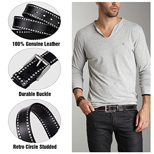 FIORETTO Mens Studded Genuine Leather Belts For Jeans Punk y2k Goth Vintage Retro Circle Rivets Belt With Buckle Black/Brown2