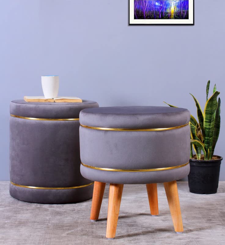 Image of Pouffes Sitting Stool for Living Room, Puffy Wooden Ottoman | Round Pouffe for Living Room & Bedroom | Pouf for Office & Home Decoration & Modern Seating Stool (Cmbo-Grey)