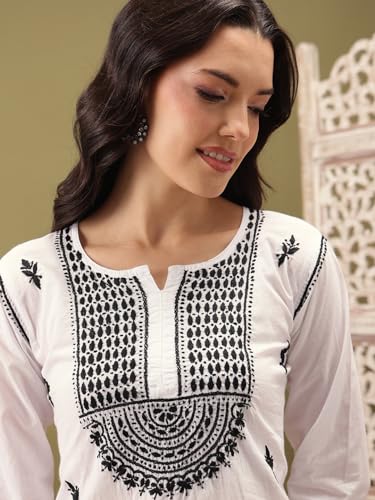 Image of Ada Women's Cotton Regular Fit Tunic Hand Embroidered Lucknow Chikankari Short Top Kurti A100554