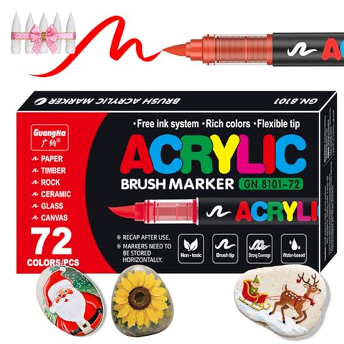 KsopiaVobs 72 Color Paint Pens Soft Brush Tip Acrylic Markers Quick-Drying Waterproof for Canvas Rock Wood Stone Glass Ceramic Fabric Painting DIY Crafts