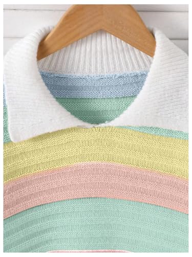 Image of SweatyRocks Girl's Colorful Striped Sweater Collared Colorblock Long Sleeve Loose Pullover Top