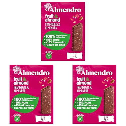 El Almendro, Barrita Fruta Y Almendra Frambuesa, Barritas de Frutas, Ideales como Snack, 4 Porciones de 35 Gramos, 140 Gramos (Paquete de 3)