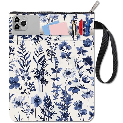 CRASPIRE Housse de Livre Florale Housse de Livre Bleu Vintage Housse de Protection de Livre pour Livre de Broche Housse de Livre en Tissu Lavable avec Fermeture à Glissière et Poche à Manches Extra