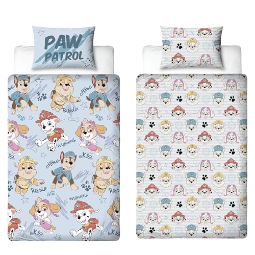 Parure de lit Simple Officielle Paw Patrol | Parure de lit réversible Bleue à Motif esquissé, avec taie d'oreiller Assortie et Personnages Ruben, Chase,...
