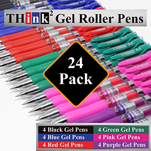 Image of [24 Pens - 4Black, 4Blue, 4 Red, 4 Green, 4 Pink, 4Purple Ink] Think2 Retractable Gel Pens. Assorted Colors Fine Point (0.5mm) Rollerball Pens with Comfort Grip.
