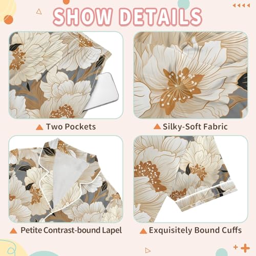 senya Flower Beige Satin Summer Pajama Sets Silk Short Sleeve Button Down Sleepwear3