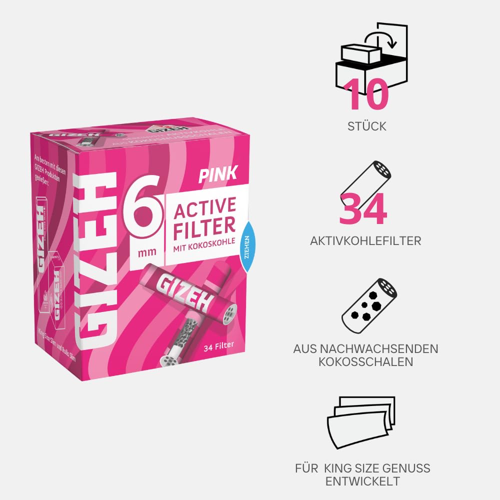 GIZEH PINK Active Filter - Filtro de carbón activo fino de 6 mm de diámetro, filtro de carbón activo fino con carbón activo de cáscara de coco – Filtros con 27 mm de longitud en paquete de 10 unidades