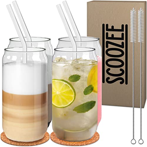Scoozee Glass Cups With Glass Straws (Set Of 4, 16 Oz) - Drinking Glasses With Glass Straws - Glass Tumbler For Iced Coffee, Beer, Tea - Aesthetic Cute Coffee Bar Accessories #TOP12