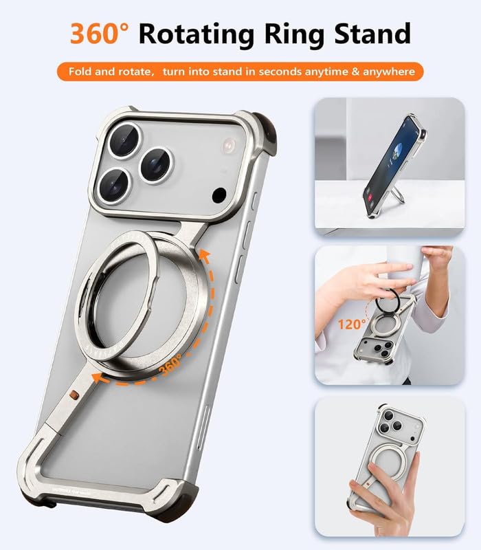 Image of Z Shaped Frameless Metal Bumper Compatible with iPhone 17 Pro with 360 Rotate Ring Kickstand | Luxury Aluminum Armor Case | Super Slim Metal - Silver