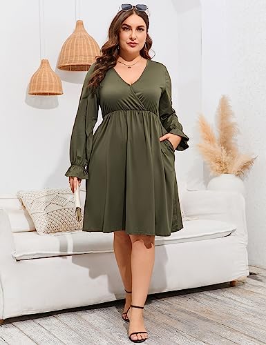 Image of ShopWonder Plus Size Dress Women's V Neck A-Line Knee Length Wrap Swing Dresses Plus Size A Line Party Mini Dress