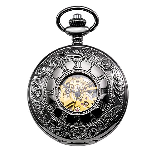 Image of TREEWETO Mens Skeleton Mechanical Pocket Watch, Retro Roman Numerals, Half Hunter, Bronze