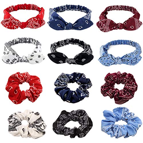 Shangling Boho Printed Bow Headbands for Women, 6 PCS Vintage Flower Printed Hairband and 6 PCS Ponytail holder for Women and Girls
