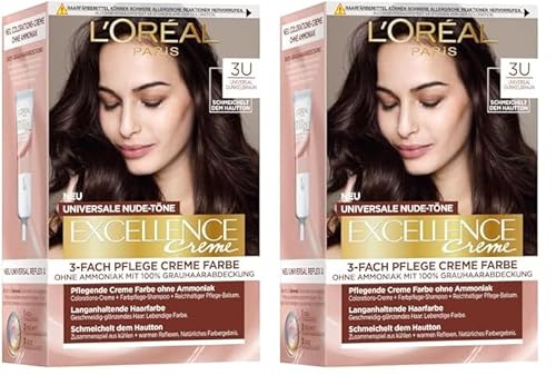 L'Oréal Paris Permanente Haarfarbe für jeden Hautton, Coloration ohne Ammoniak, Universale Nude-Töne mit vollständiger Grauhaarabdeckung, Excellence Creme, Nr. 3U Dunkelbraun (Braun), 1 Stück