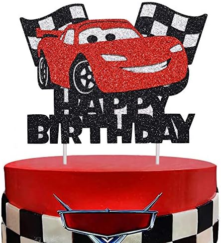 Artczlay Happy Birthday Cake Decoration Racing Flash Cake Topper Checkered Flag Racing Theme Party Supplies Baby Shower Car Theme Traffic Theme Party Cake Topper (Black and Red)