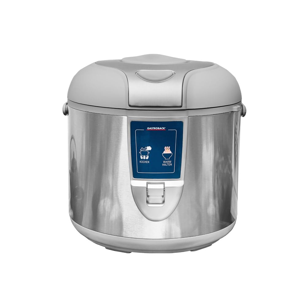 GASTROBACK Design Reiskocher mit Abschalt-und Warmhaltefunktion inkl. Antihaftbeschichtung - 3 Liter - 450 Watt Reis Kocher inklusive Dünsteinsatz, Reislöffel und Messbecher, Grau