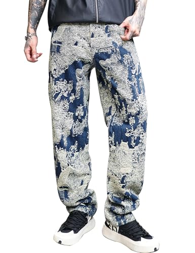 Men's Jacquard Woven Denim Loose Straight Jeans