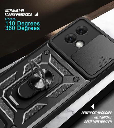 Image of Casodon Heavy Duty Back Case Cover for Moto G84 5G, Shockproof Moto G84 Back Cover, Ring Case with Kickstand and Camera Protection Shutter - Black