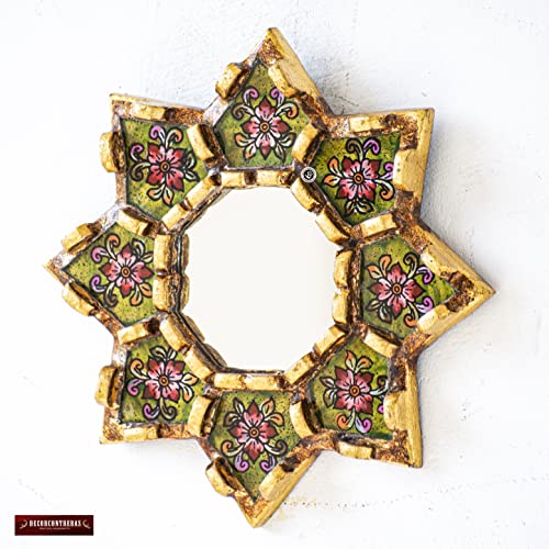 Green Hanging Round Wall Mirror Living Room Decor - Peruvian Painted Glass Mirror Wall Art Decor - Ornate Mirror On The Wall Decorative #TOP1