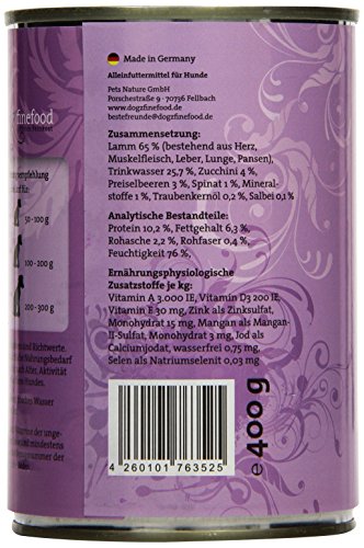 dogz finefood Hundefutter nass - N° 10 Lamm - Feinkost Nassfutter für Hunde & Welpen - getreidefrei & zuckerfrei - hoher Fleischanteil, 6 x 400 g Dose