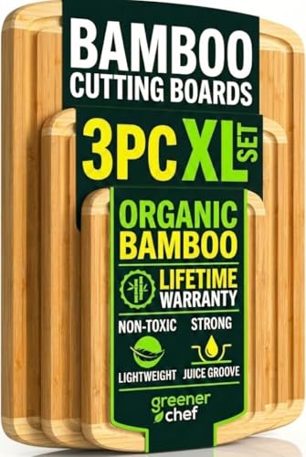 GREENER CHEF Organic Bamboo Cutting Board Set of 3 with Lifetime Replacements – Premium Extra Large Wood Cutting Boards for Kitchen with Juice Grooves for Carving & Serving, Non Toxic & Durable