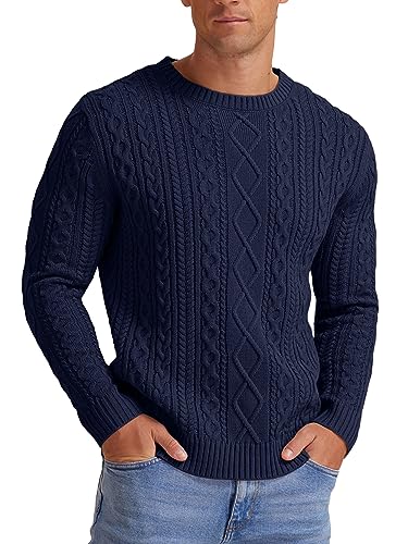 Hisir Men's Winter Cable Knit Jumpers Casual Crew Neck Thick Warm Long Sleeve Sweater Pullover Tops for Men UK (Navy Blue, M)