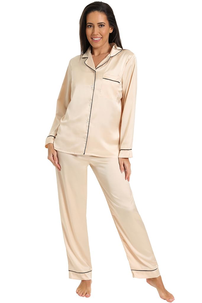 Thepyjamafactory Women's Gold Satin Long Pyjama Set Summer Two Piece Pyjamas For Silk Pjs (20-22)