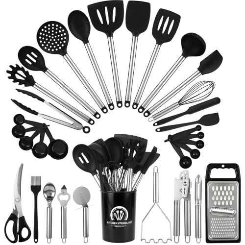 33 Pack Non-Stick black silicone cooking utensils set, Heat Resistant & Dishwasher Safe with Stainless Steel Handles for Non-Scratch Cooking and Baking,Outdoor Cooking, and Small Apartments