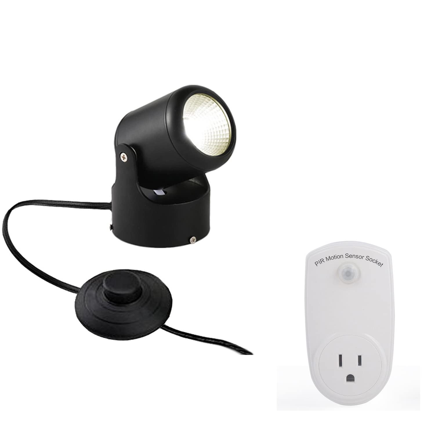Kiven 5 Watt 3000K LED Mini Accent Uplight Light?Foot Pedal Push Switch Inline Lamp Light On-Off Control with Pulg-in Motion Sensor Light Control Socket-Black