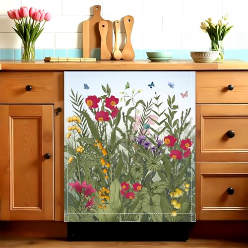 Image of Summer Flowers Dishwasher Magnet Cover Wildflowers Dishwasher Magnet Sticker for Kitchen Decoration 23x26 in Farmhouse Floral Refrigerator Magnet Cover Fridge Panel Decal Pad