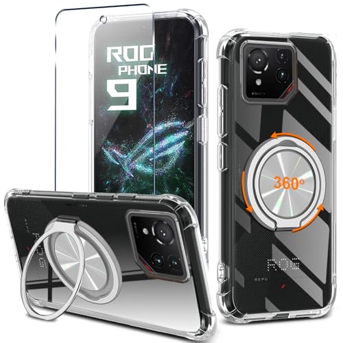 for ASUS ROG Phone 9/Phone 9 Pro Phone Case with Screen Protector 360° Rotatable Ring Holder Kickstand/Stand [Non Yellowing] Transparent 4 Corners Shockproof Protective Cover Case - Crystal Clear