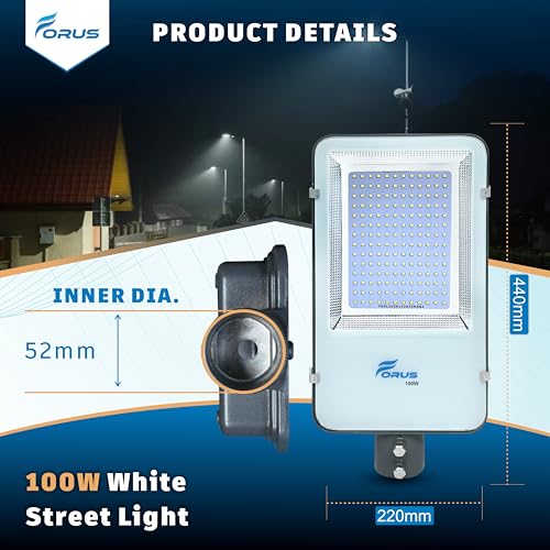 Image of Forus 100W LED Street Light Outdoor with 4 Year Warranty, IP66 Waterproof Decorative Focus White Light for Road, Garden, Events, Security, Terrace, Landscape, Pathway, Building Lighting (1 PC)