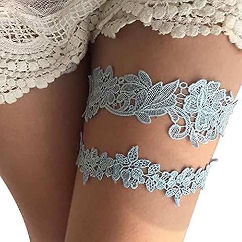 Taube Wedding Garter Set For Bride Stretchy Lace Leg Garter Floral Garters For Bride With Pearl And Rhinestones (Lace-Blue-Plus) Cover
