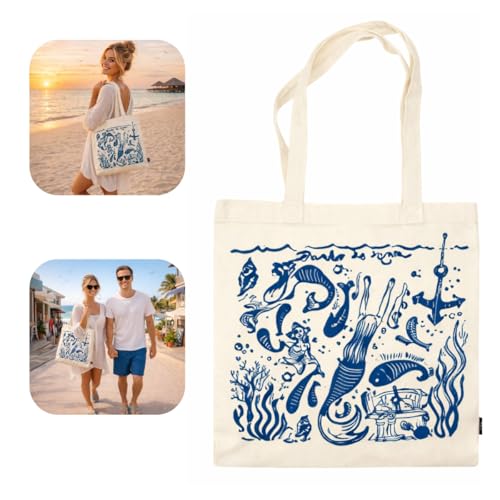 Bolsa Bag Linha Mar Alça de Ombro Dupla Longa Estampa Oceano Animais Marinhos Tema Desenho Sacola Ecologica Moda Praia Passeio Amplo Diário Pano Reforçada Feminina Leve Tamanho Grande