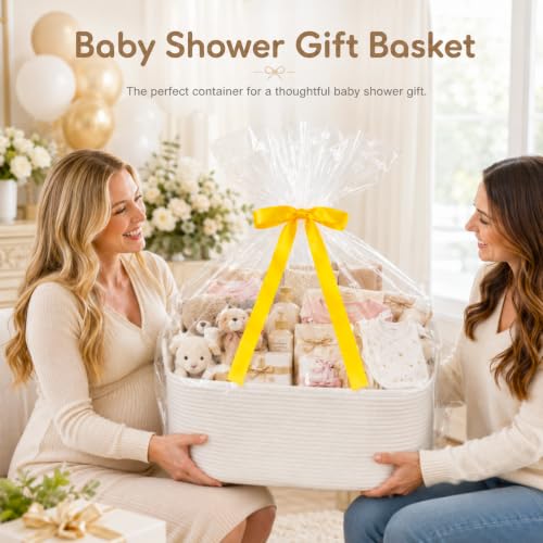 Image of OIASKET Large Empty Cotton Rope Gift Basket with Handles, 16.5 inchx12.6 inchx7 inch Decorative Woven Storage Basket with Gift Bag and Ribbon Set for Baby Shower, Toy Organizer for Kids, Dogs & Cats - White