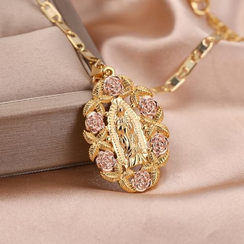 Virgin Mary Guadalupe Necklace For Women 18K Gold Plated Religious Pendant With Gold Silver Rose Design Catholic Christian Jewelry Gift3