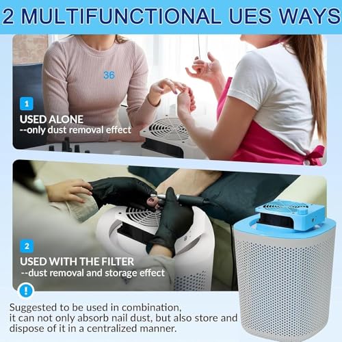 Colector de polvo para taladro de uñas, filtro lavable, aspiradora de bajo ruido, alta velocidad 3600 RPM, 3 velocidades ajustables para herramientas de salón de manicura