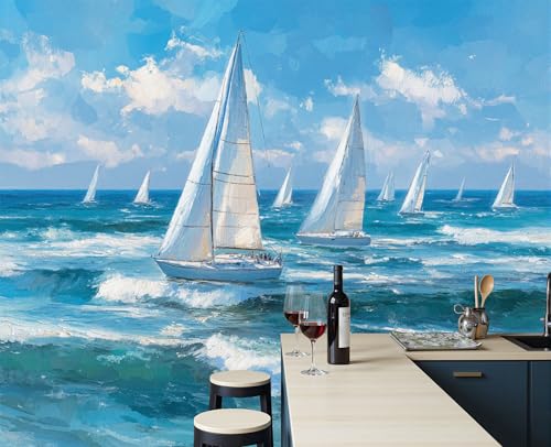Papier peint panoramique vagues poster geant mural turquoise 3D - 3