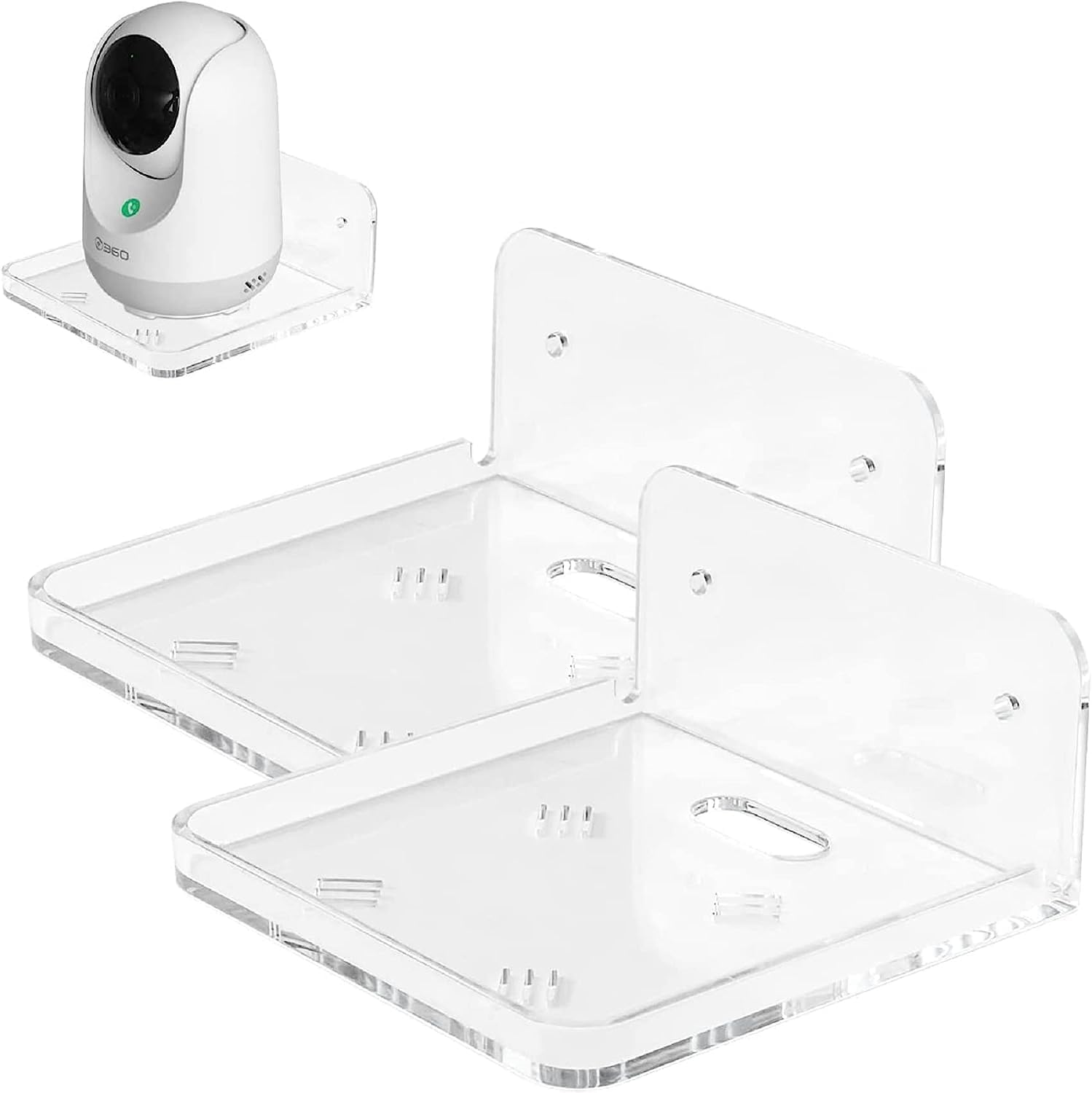 Clear Acrylic Floating Shelf, Adhesive Wall Shelf Security Camera Small Items Mini Shelf for Living Room, Bathroom, Bedroom (Adhesive & Drilling), 2 Pcs