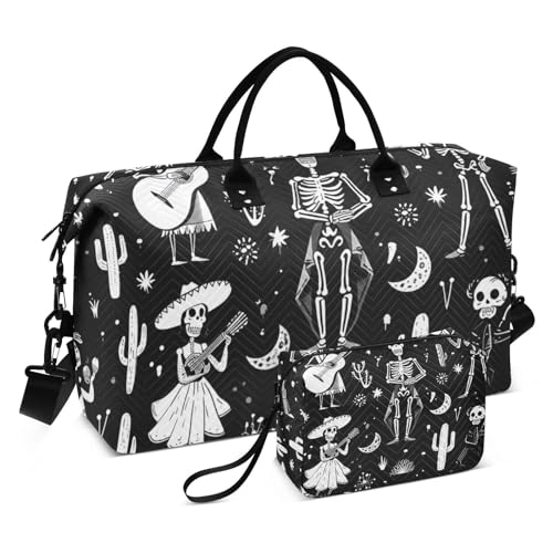Large Travel Duffel Bag, Skeletons Music Dance Sports Tote Gym Bag, Shoulder Weekender Overnight Bag for Women Men, Carry On Luggage with Toiletry Bags