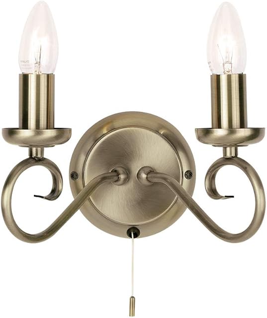 National Lighting BINX Decorative Antique Brass Twin E14 LED Compatible Wall Light with Pull Cord Switch