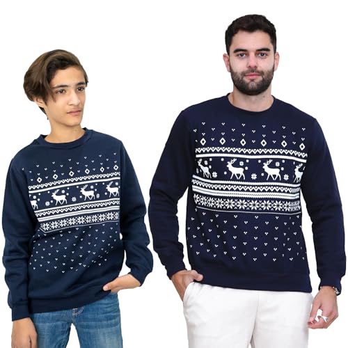 Image of NOROZE Men's Boys Matching Christmas Sweatshirt Novelty Let it Snow Elf Reindeer Ugly Sweater Unisex Family Xmas Jumper Dad Son Top (9-10 Years, Fairisle Reindeer Navy)