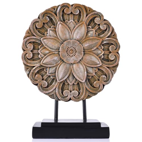 Brown Farmhouse Table top Sculpture Above Cabinet Decor Kitchen, Boho Carving Knick Knacks Shelf Decor Accent, Round Statue for Credenza Bookshelf Rustic Shabby Chic Center Pieces Decoration