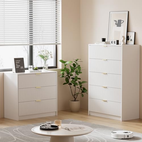 Image of Furniway White Dresser for Bedroom, Modern Dresser with 5 Drawers and Smooth Slides, Wide Chest of Drawers with Golden Handles for Bedroom, Living Room, Closet, 15.7 inch D x 31.5 inch W x 47.2 inch H