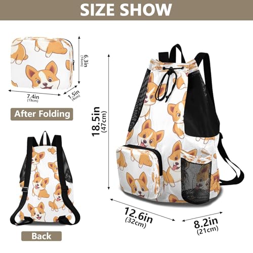 Mesh Gym Swimming Bags for Men & Women, Cute Corgis Dog Pattern Large Drawstring Backpack with Dry-Wet Pocket, Lightweight Gym Bag for Sports, Travel, Beach, Workout Gear2