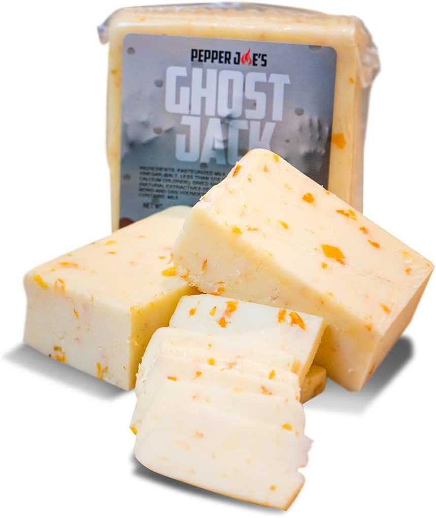 Pepper Joe’s Ghost Monterey Jack Cheese – World-Famous Wisconsin Cheese with Spicy Kick – Hot Ghost Chili Pepper Cheese Block – 8-12 Ounces